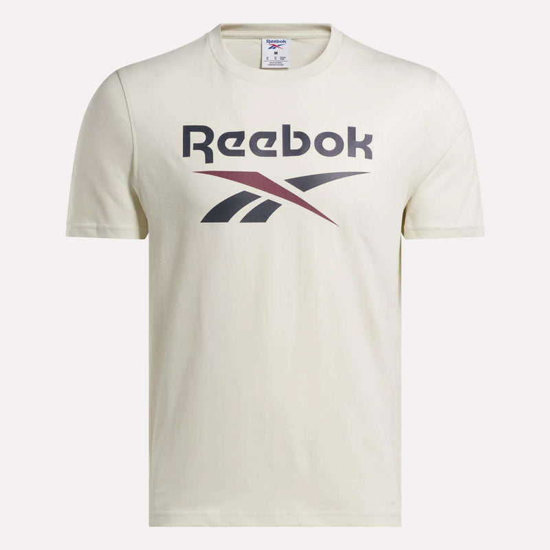 The Men's Logo Crewneck T-Shirt by Reebok features a bold black and maroon vector logo graphic across the chest.