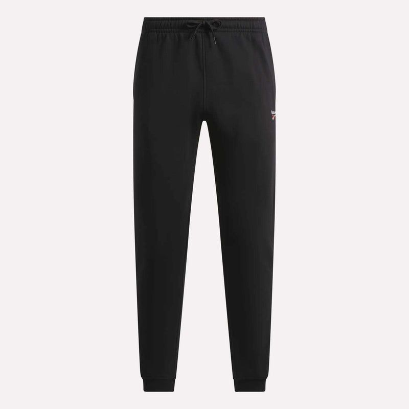 Black Men’s French Terry Logo Joggers featuring a Reebok Vector logo, designed with an elastic drawstring waistband and cuffed ankles.