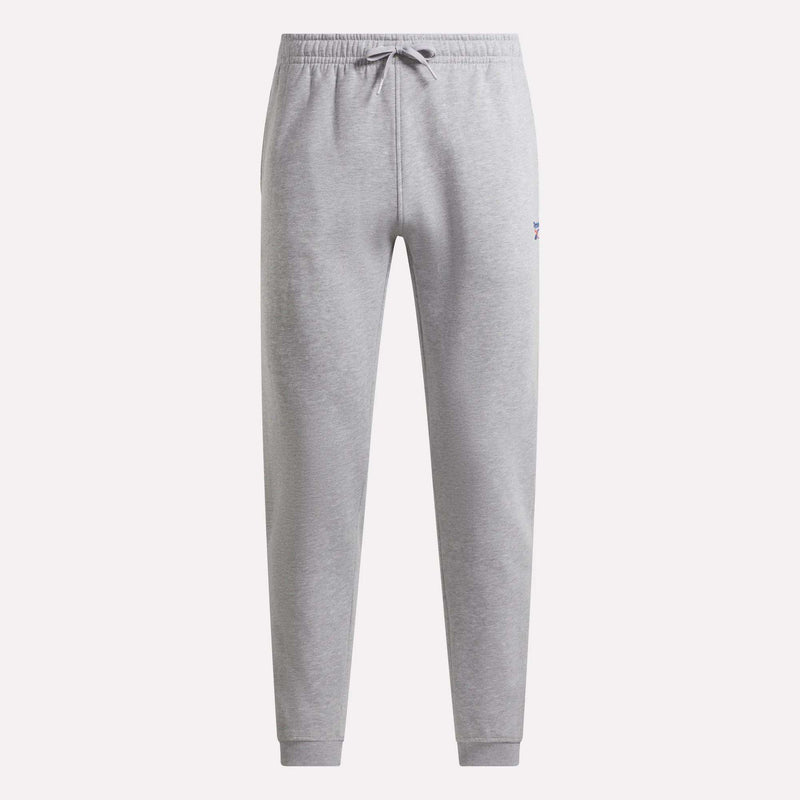 Light grey marl Men’s French Terry Logo Joggers by Reebok featuring an elastic drawstring waist and cuffed ankles.