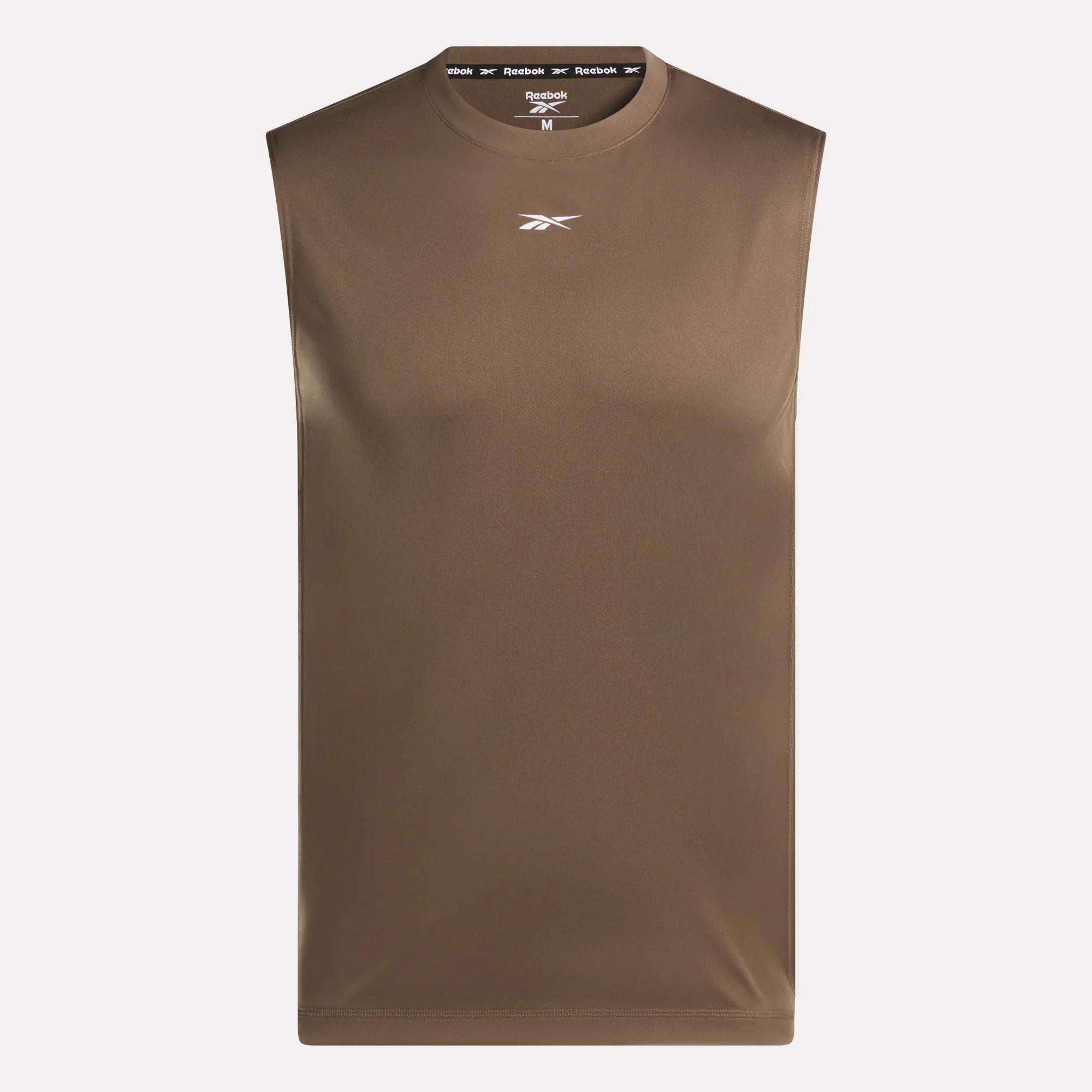 The Reebok Men's Sleeveless Tech Training T-Shirt is a brown, lightweight polyester jersey tee with a crew neck and a white Reebok logo on the chest.