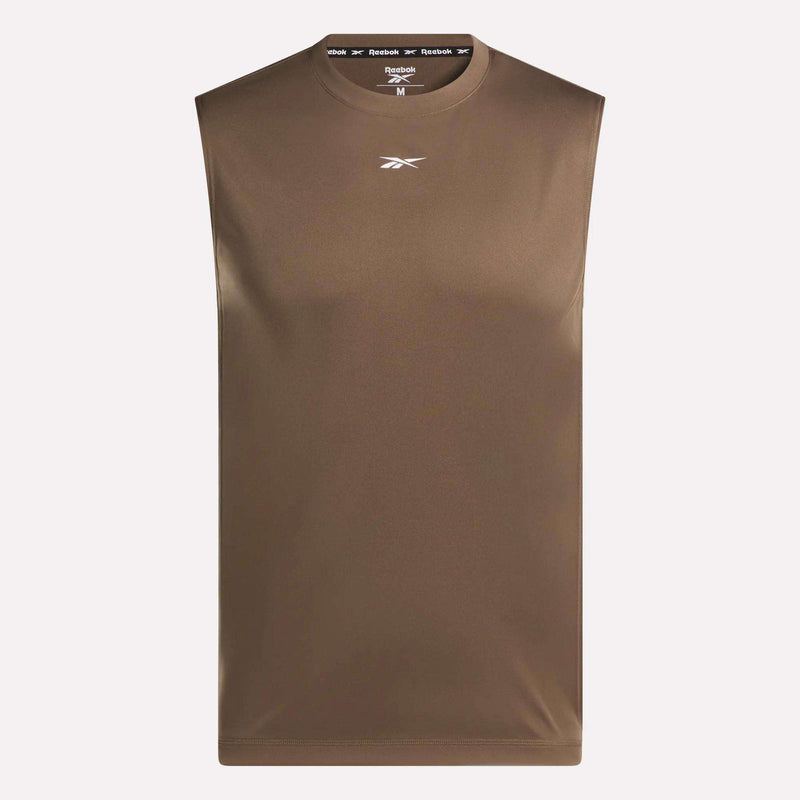 The Reebok Men's Sleeveless Tech Training T-Shirt is a brown, lightweight polyester jersey tee with a crew neck and a white Reebok logo on the chest.