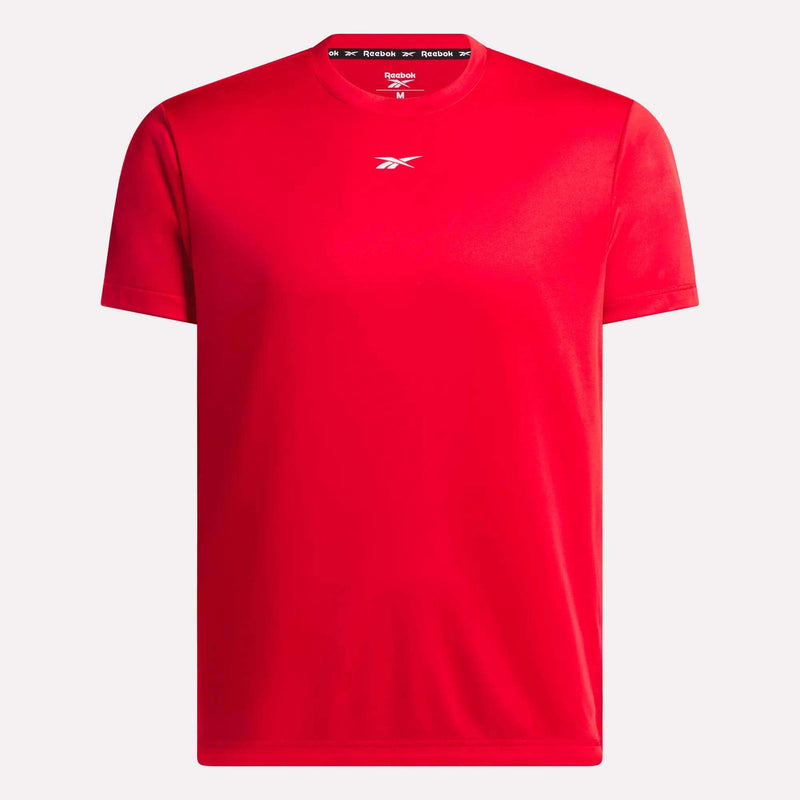 The Reebok Men's Short Sleeve Tech Training T-Shirt is plain red with a small white logo on the chest, branded collar lining, and made from breathable RBK-DRY fabric, shown against a white background.
