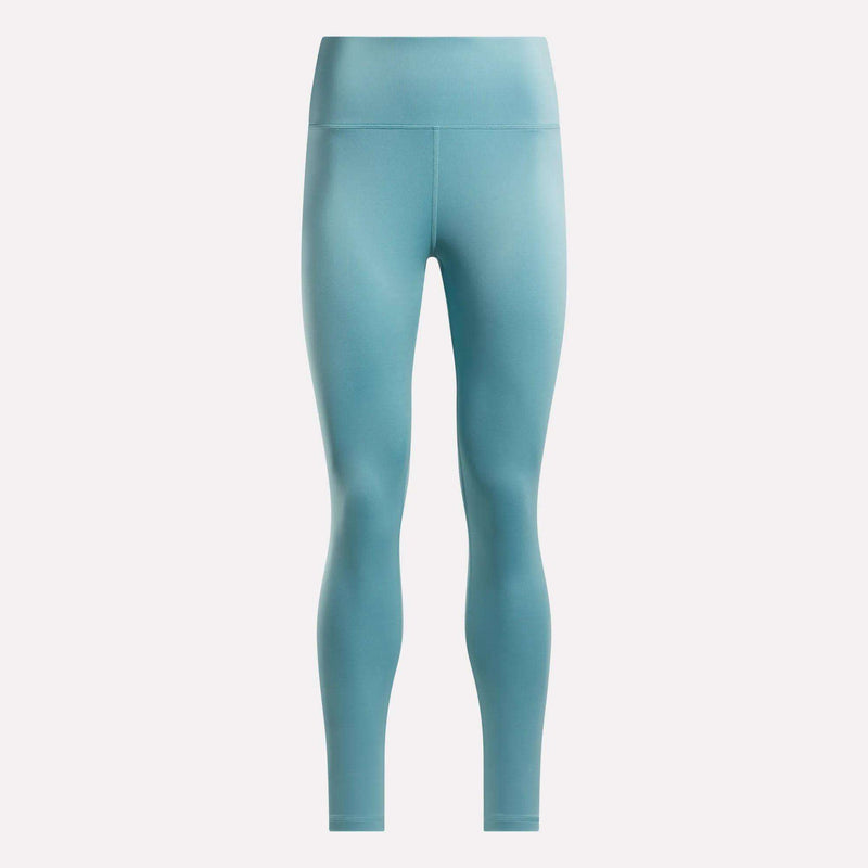 Light blue Women's High-Rise Leggings by Reebok, full-length and made with RBK-DRY fabric, shown on a plain white background.