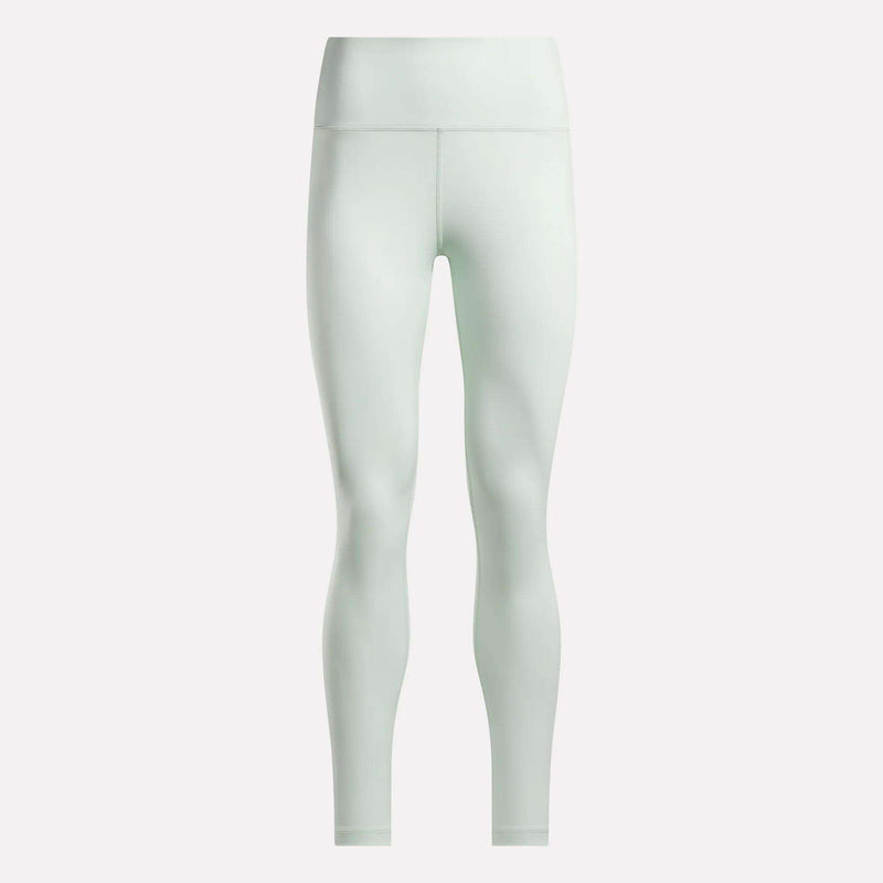 Reebok Women's High-Rise Leggings in light green, made from moisture-wicking RBK-DRY fabric, are shown full-length against a plain white background.