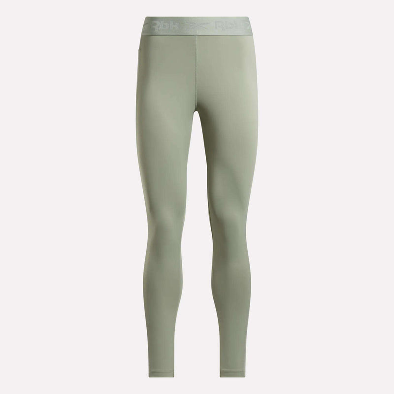 Light olive green Women's Ruched Training Leggings by Reebok, crafted from sweat-wicking fabric with a high waist and subtle waistband branding, displayed on a plain white background.