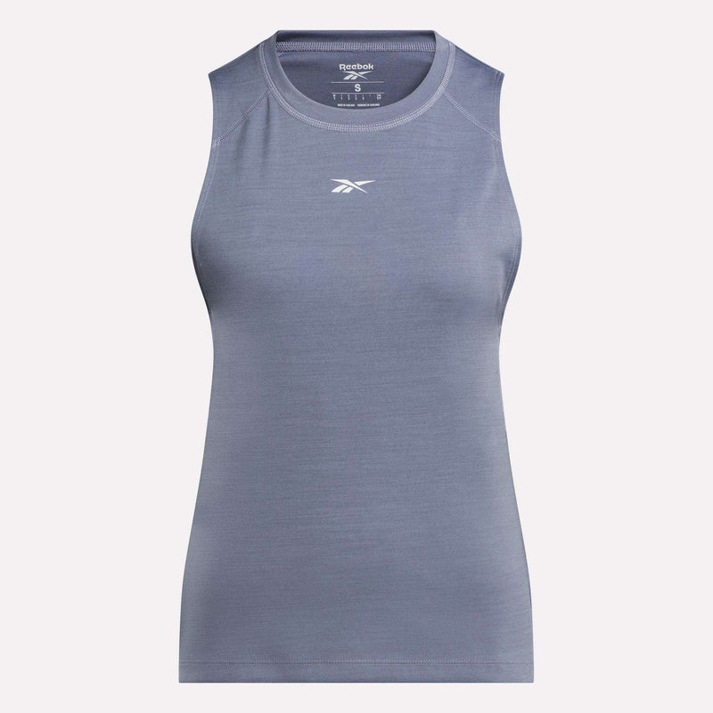 The Reebok Women's Training Tank Top is a sleeveless athletic top in light gray with RBK-DRY fabric and a small white chest logo, shown on a plain white background.