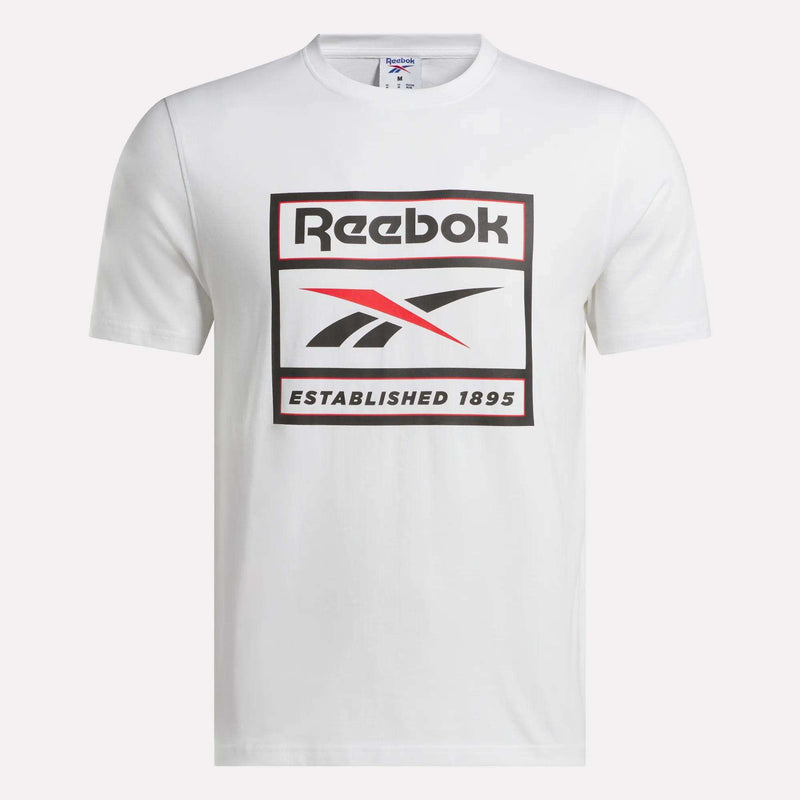 Introducing the Men's Logo T-Shirt by Reebok, a white cotton tee featuring a bold black, red, and white Reebok logo along with "ESTABLISHED 1895" text on the front. This soft and comfortable shirt is perfect for everyday wear.