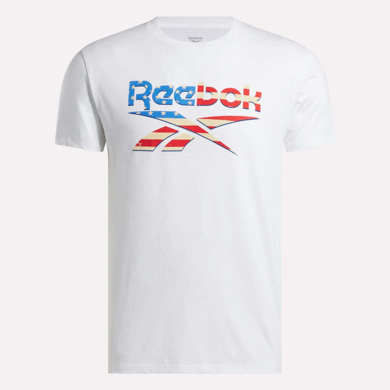 The Reebok Men's Americana Graphic T-Shirt features the iconic logo and text in a red, white, and blue flag design on soft ringspun cotton for all-day comfort.