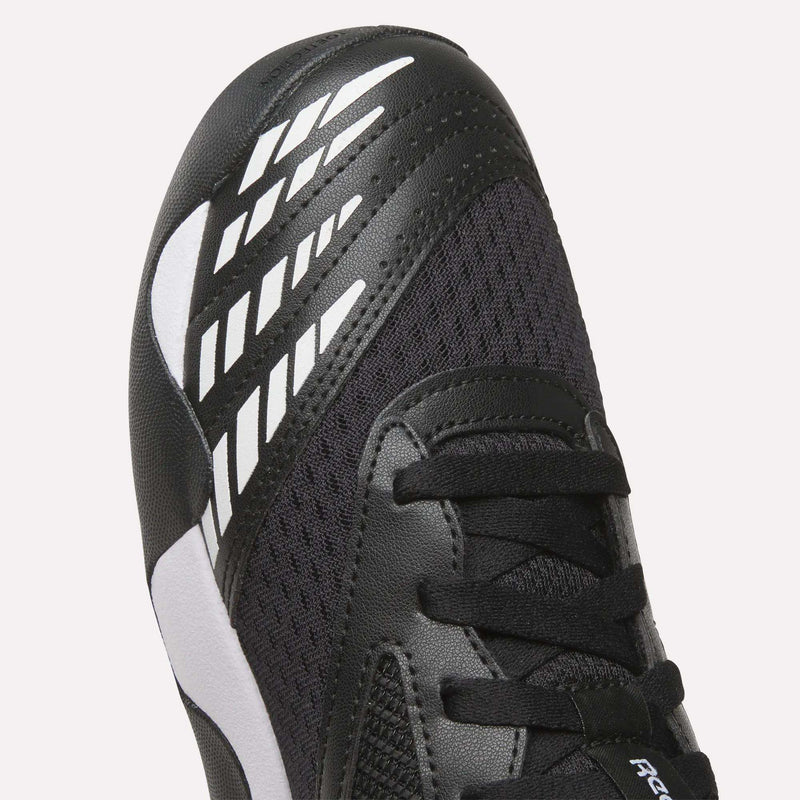 Close-up of a black Men’s Phase Advantage Tennis Shoes toe box featuring a white graphic pattern and mesh paneling.