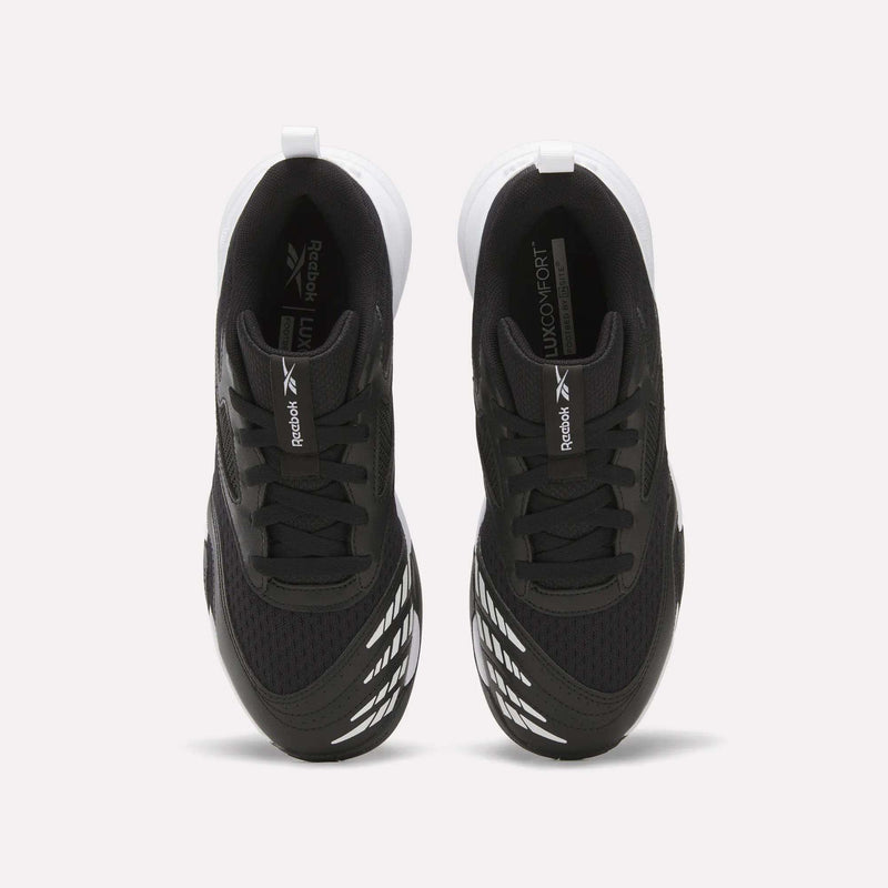 Top-down view of black Reebok Men’s Phase Advantage Tennis Shoes with white soles and decorative white stripes on the toes.