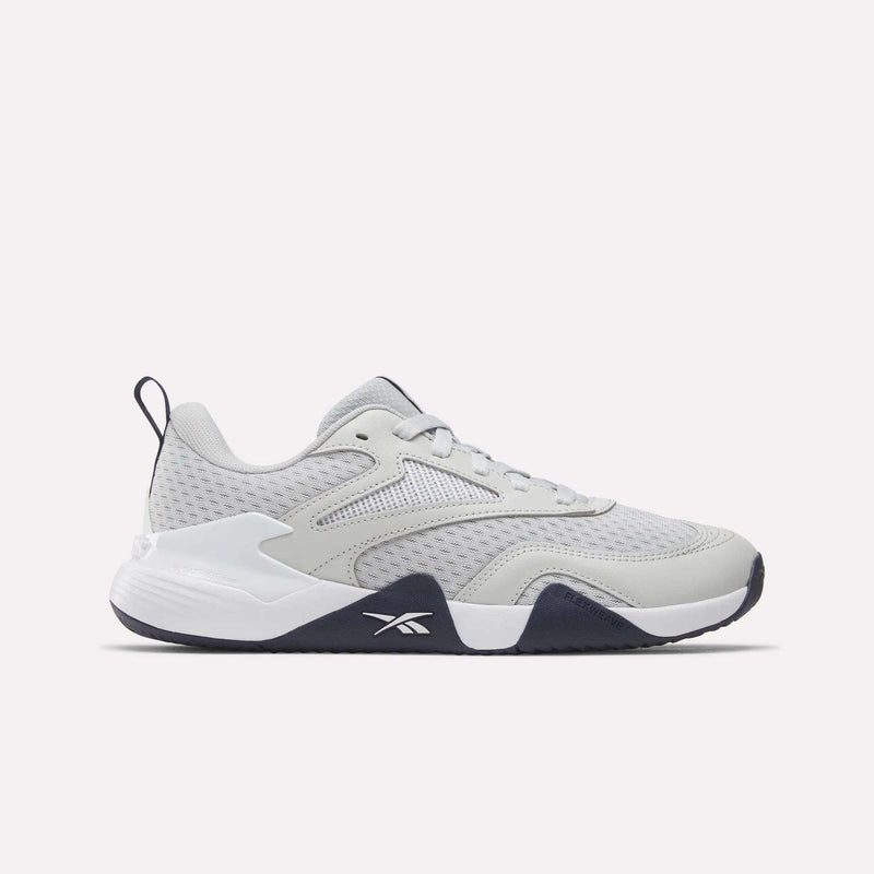 Grey and white Men’s Phase Advantage Tennis Shoes by Reebok with a mesh upper and a navy blue accent on the sole.