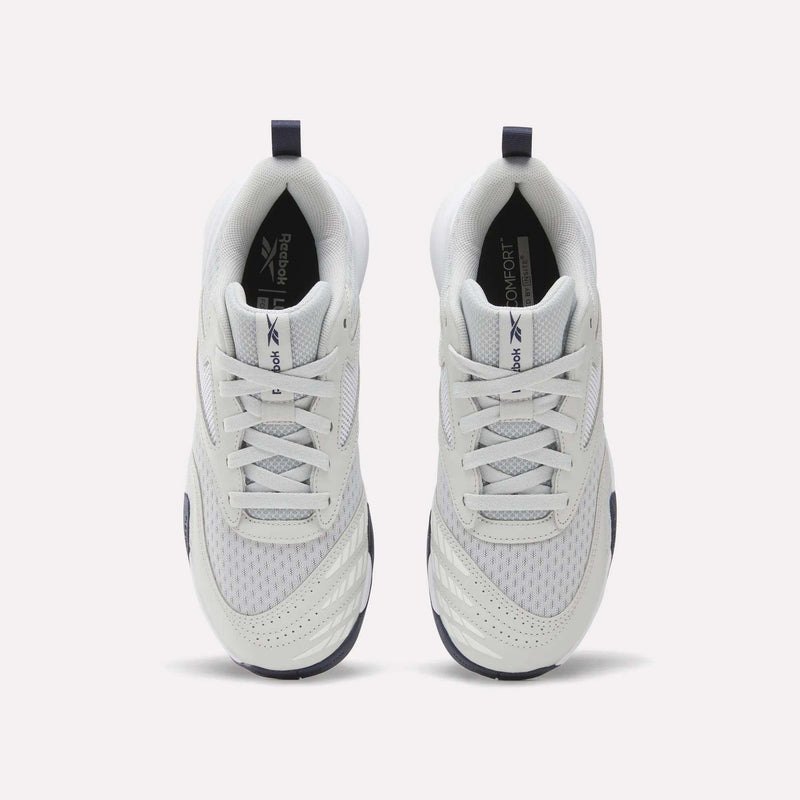 Top-down view of light gray Men’s Phase Advantage Tennis Shoes by Reebok, featuring a lace-up mesh upper.