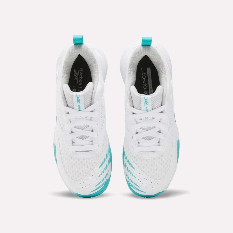 A top-down view of white Reebok Women’s Phase Advantage Tennis Shoes with teal accents and white laces.