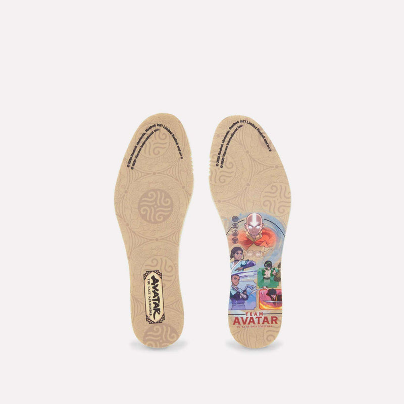 A pair of Reebok x Avatar Classic Nylon shoe insoles, one featuring a circular pattern and the show logo, the other displaying cartoon characters above the text Team Avatar.