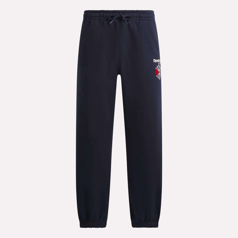 Vector Navy Men’s Relaxed Logo Joggers in fleece with an elastic waistband, cuffs, and a small Reebok logo on the left thigh.