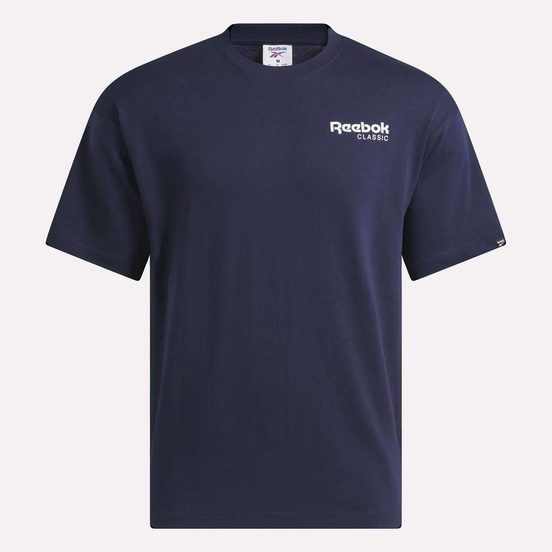 Vector Navy Men’s Relaxed Logo T-Shirt, a short-sleeved cotton crewneck with a white logo on the left chest.