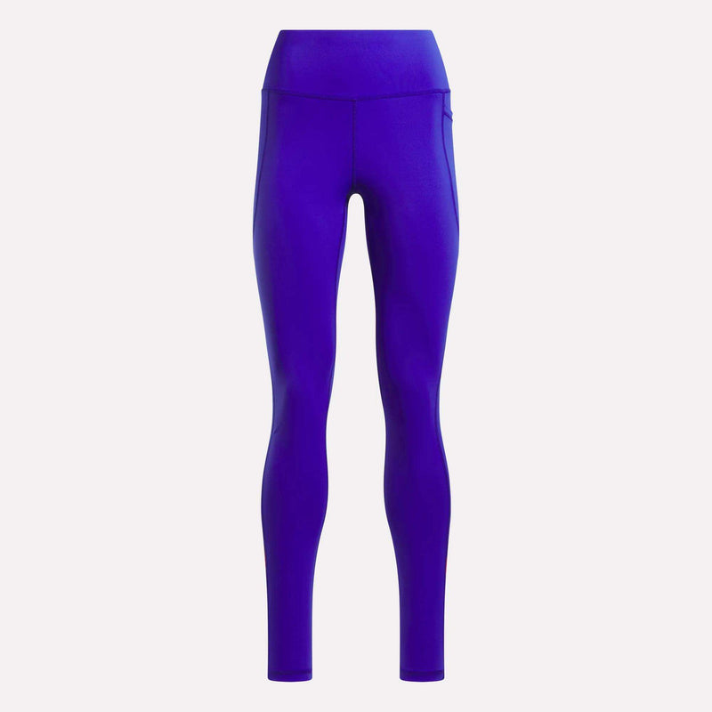 The Reebok Women's Running Leggings in bright blue are displayed against a plain white background, shown from the front with no visible patterns. Subtle mesh panels enhance breathability and style, maintaining a sleek and streamlined appearance.