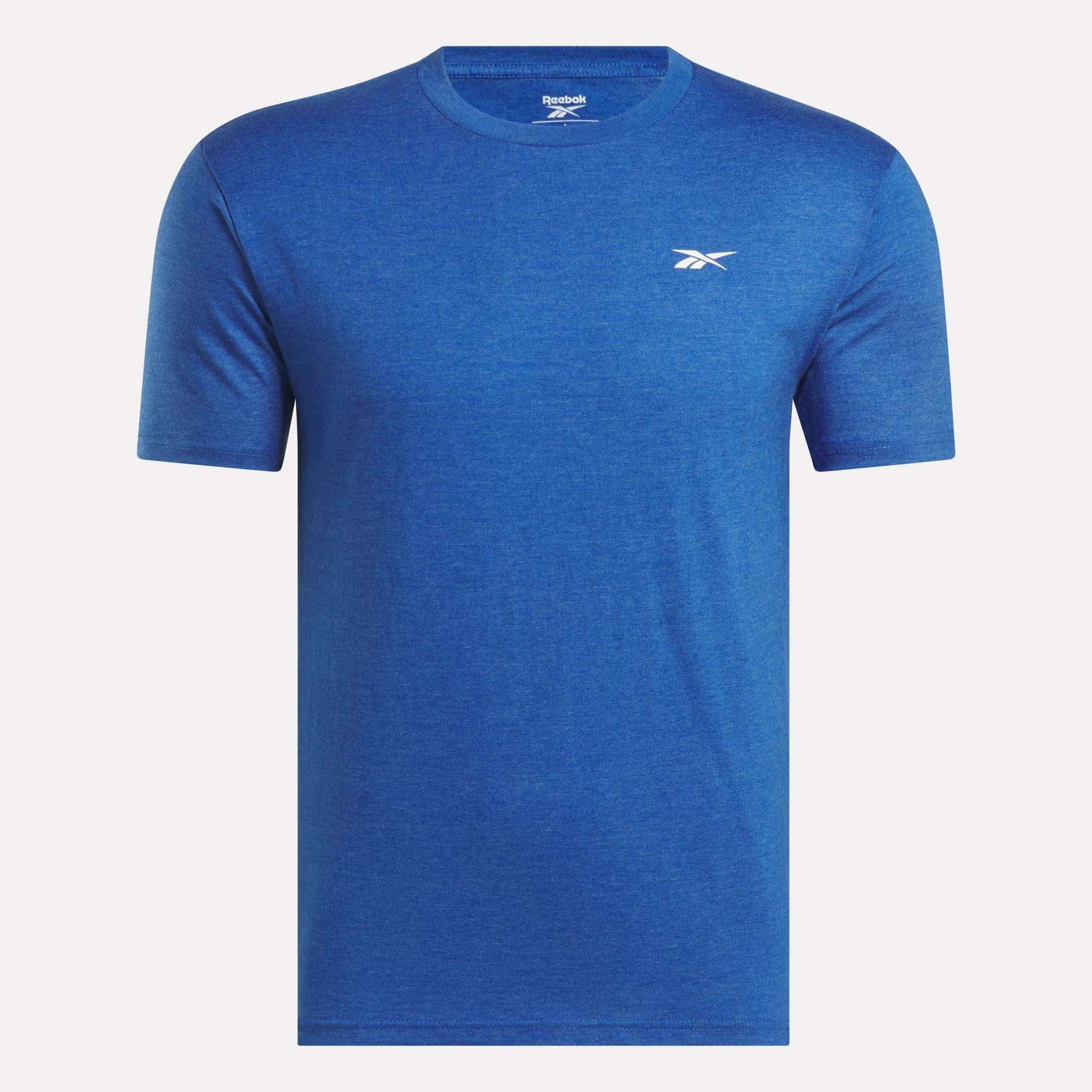 The Reebok Men's Identity Small Logo T-Shirt is a plain blue tee with a relaxed fit, crew neckline, and a small white Reebok logo on the left chest, shown against a light background.