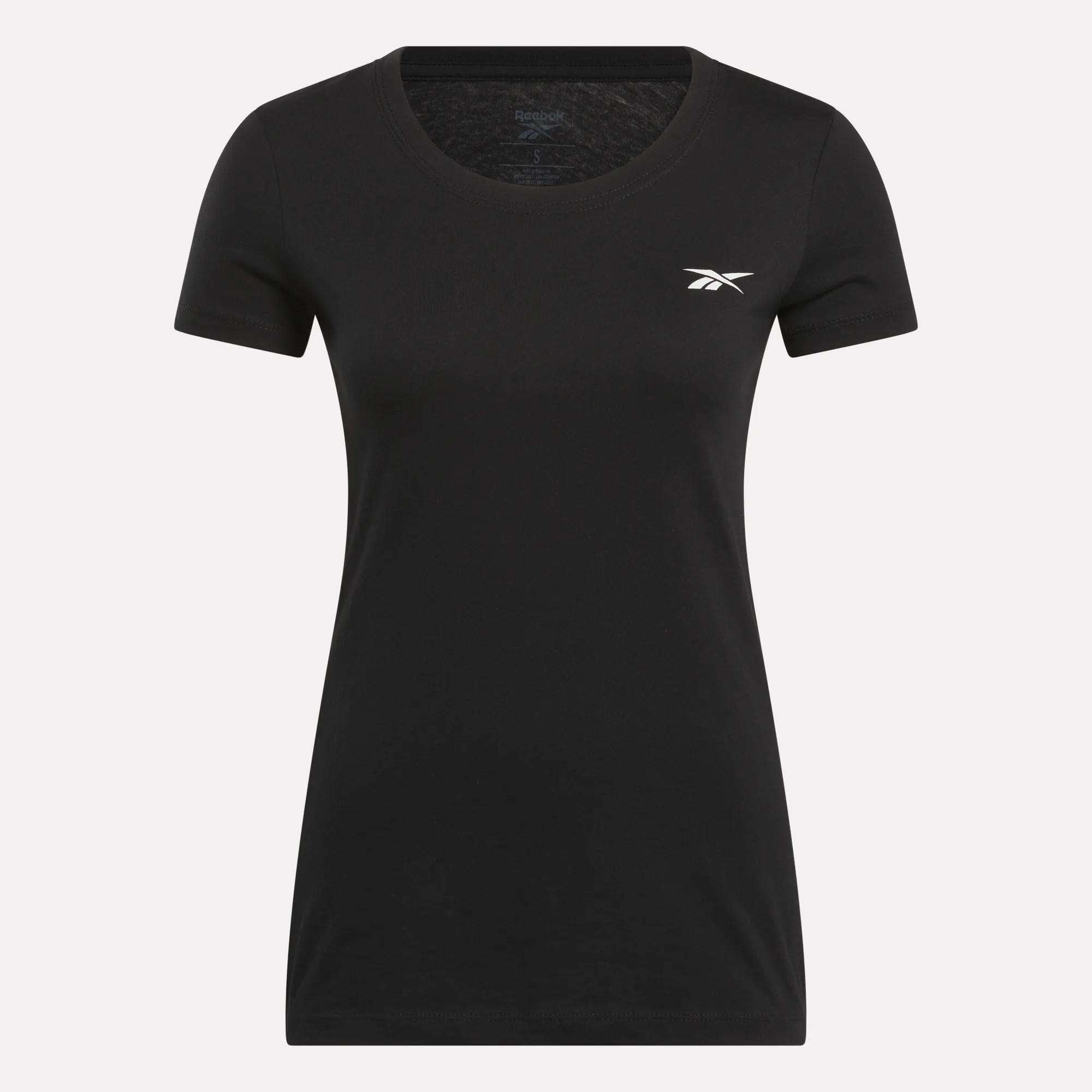The Women's Reebok T-Shirt is a plain black, short-sleeve cotton tee with a round neck and a small white Reebok logo on the left chest, shown on a light background.
