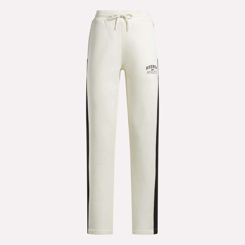 Crafted by Reebok, the Women’s Fleece Straight Leg Pants feature a crisp white design with black side stripes, an elastic waistband with drawstring closure, and Reebok Athletic branding on the left thigh. These cozy fleece pants are perfect for lounging in style against a plain background.