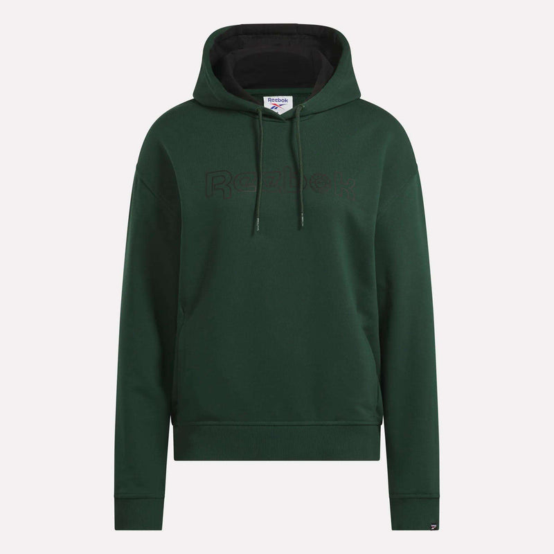 Introducing the Reebok Women’s French Terry Lawn Club Hoodie—a dark green hoodie featuring a front pocket, adjustable drawstrings, and a subtle embossed Reebok logo across the chest. Crafted from soft French terry fabric, it offers both comfort and style.