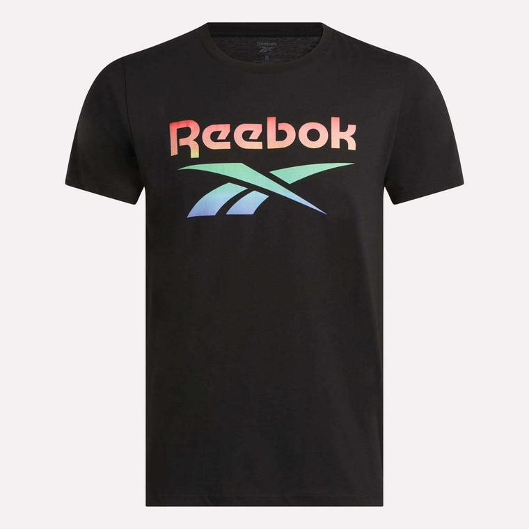 The Men's QT Rainbow T-Shirt by Reebok is a black short-sleeve tee with a vibrant rainbow Reebok logo graphic across the chest.