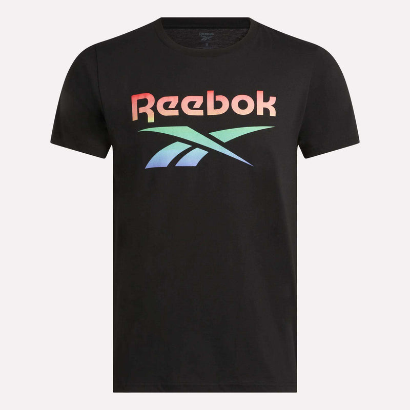 The Men's QT Rainbow T-Shirt by Reebok is a black short-sleeve tee with a vibrant rainbow Reebok logo graphic across the chest.