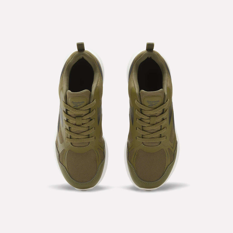 Top view of a pair of olive green Reebok Rush Runner 6.0 Running Shoes for big kids, featuring white soles, black side accents, mesh uppers, and laces. These athletic shoes are designed with an EVA midsole for added comfort and are displayed parallel on a light background.