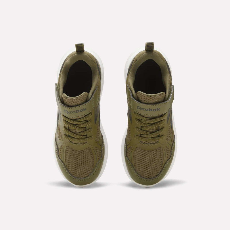 A pair of Rush Runner 6.0 Elastic Lace Top Strap Running Shoes by Reebok in olive green, featuring white soles, is shown from above on a simple light background—ideal for little kids’ all-day comfort and active adventures.