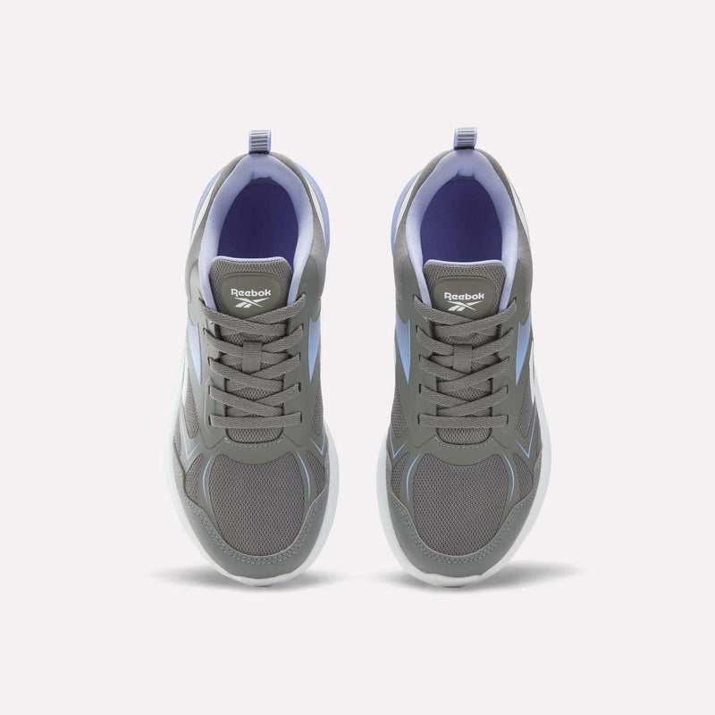 Top view of a pair of Reebok Rush Runner 6.0 Running Shoes for big kids in gray and light blue with white soles, gray laces, and mesh panels, featuring an EVA midsole for added comfort, displayed side by side on a white background.