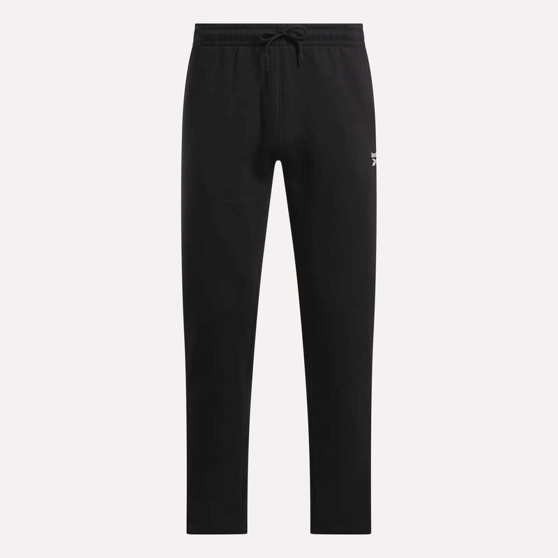 Men's Fleece Straight Leg Pants from Reebok, featuring a drawstring waistband, straight-leg design, and a small white logo on the left thigh. Made from cozy brushback fleece for added comfort, these black athletic pants are displayed against a plain light background.