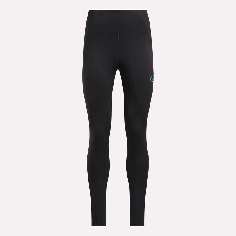 Reebok Women's Speed HR High-Rise Leggings shown in black with a small teal logo on the left thigh, flat seams, and a fitted full-length design for comfort during any workout, displayed on a plain light background.