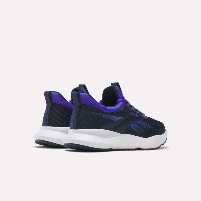 A pair of Men's Cityride 2 Running Shoes by Reebok in black and purple with white soles are shown side by side on a light background, angled to display the heel and side views, highlighting FuelFoam cushioning for added comfort.
