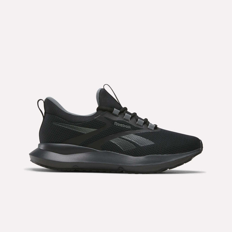 The Reebok Men's Cityride 2 Running Shoes in Black/Black/Grey feature a mesh upper, dark gray accents, and a black sole with FuelFoam cushioning, shown in side profile on a plain white background.