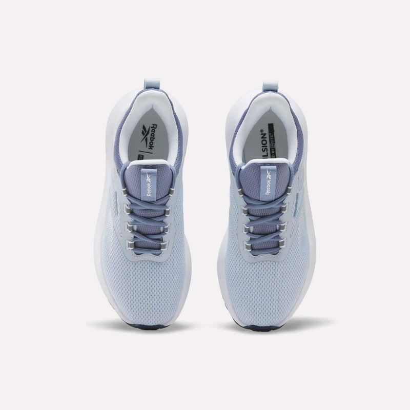 Top view of Reebok Women's Cityride 2 Running Shoes in light blue with white soles, grayish blue laces, and mesh uppers. The Reebok logo appears on the tongue and insoles. Features FuelFoam cushioning for all-day comfort.