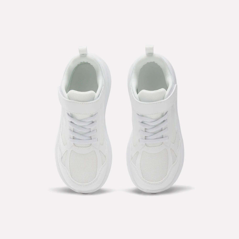 A pair of Reebok Rush Runner 6.0 Elastic Lace Top Strap Running Shoes for little kids in white, shown from above on a plain light background—ideal running shoes designed with all-day comfort in mind.