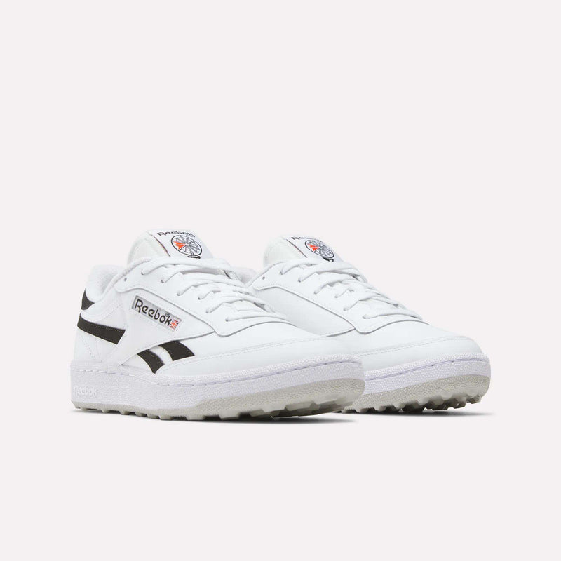 Reebok Men’s Club C Revenge Golf Shoes, a white low-top sneaker with black side stripes and a spikeless rubber outsole.