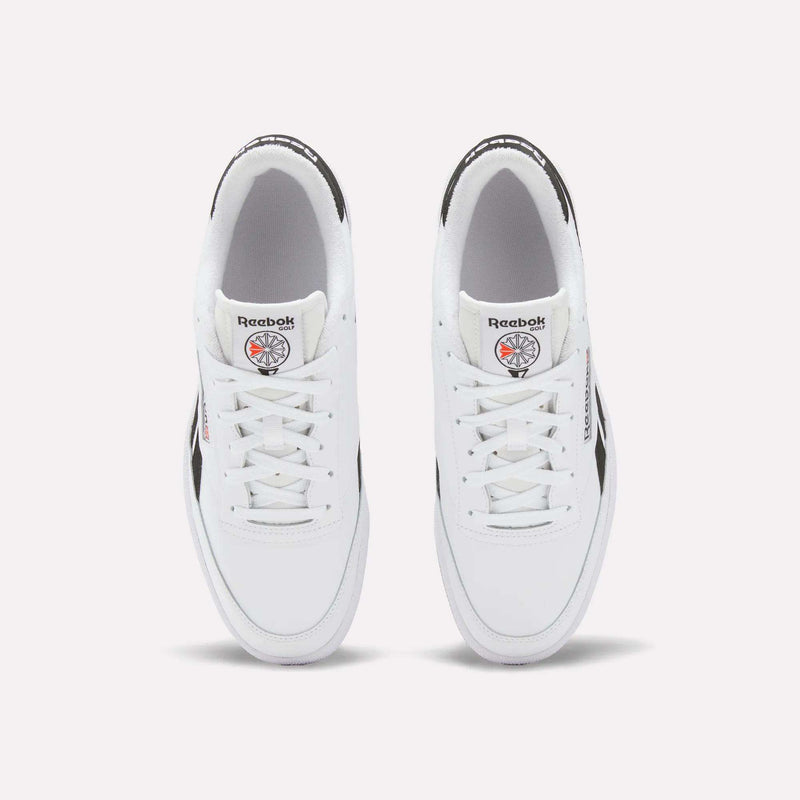 Top-down view of a pair of white Men’s Club C Revenge Golf Shoes with black accents, a spikeless outsole, and golf branding on the tongue and heel.