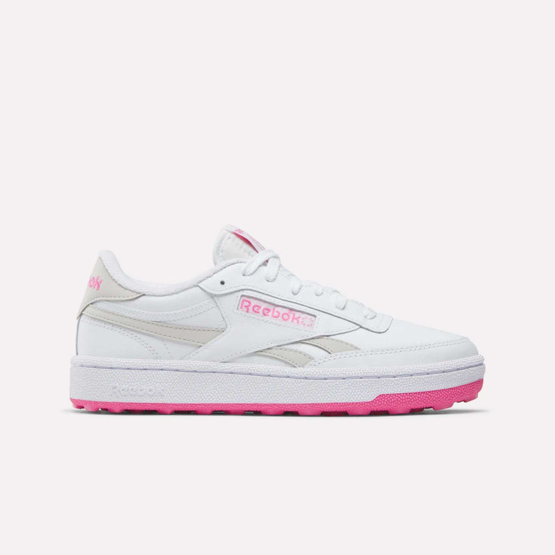 Introducing the Reebok Women’s Club C Revenge Golf Shoes in White/True Pink/New Grey 1, showcased on a plain white background—an ideal choice for anyone seeking stylish women’s golf shoes or versatile spikeless golf shoes.