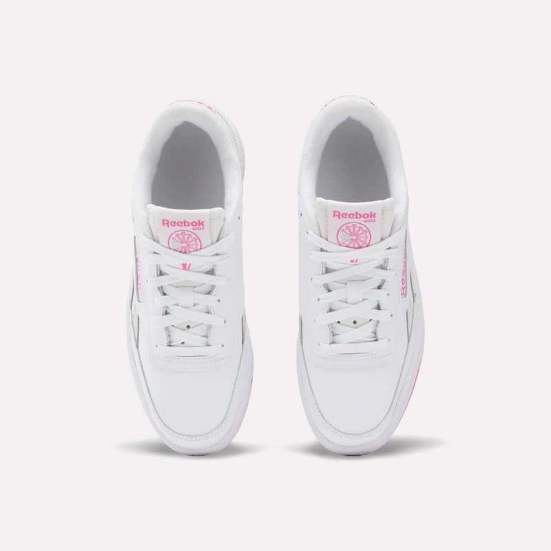 A pair of white Reebok Women’s Club C Revenge Golf Shoes with pink accents is shown from above, highlighting the laces and Reebok logo on each tongue—these stylish spikeless golf shoes are perfect for women seeking comfort both on and off the course.