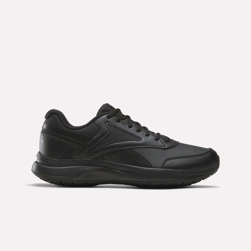 A black/Cold Grey 5/Collegiate Royal athletic sneaker with a lace-up design, visible stitching, and a textured sole—shown in a side profile view on a plain white background—this style exemplifies the Men's Walk Ultra 7 DMX Max Shoes by Reebok, featuring DMX cushioning for exceptional comfort during every step.