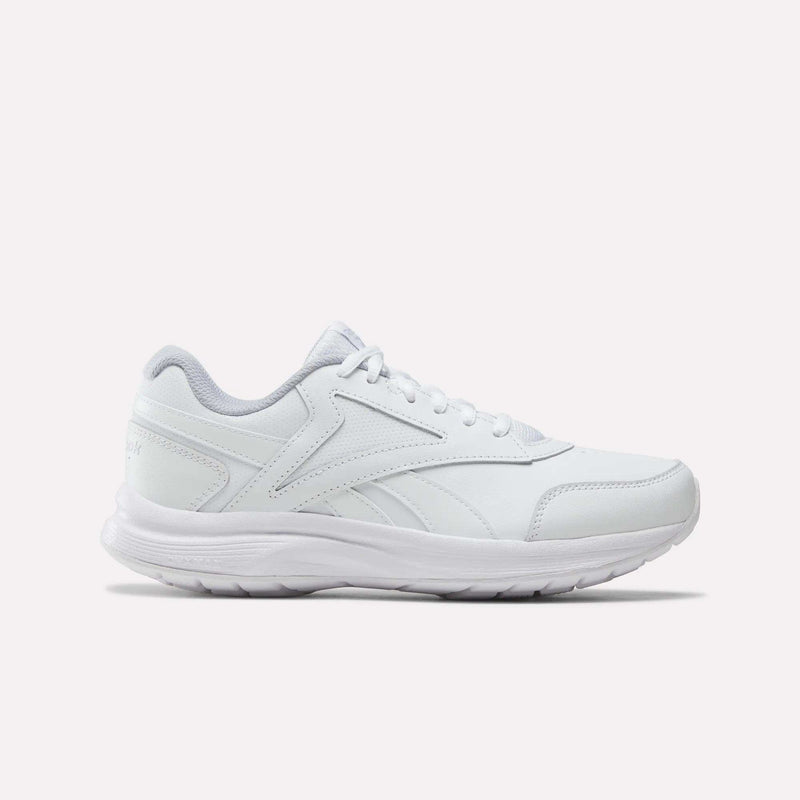 Introducing the Women’s Walk Ultra 7 DMX Max Shoes by Reebok in White/Cold Grey 2/Collegiate Royal—an athletic sneaker with crisp white laces, subtle stitching accents, and a cushioned sole designed for all-day comfort. Shown in a side profile on a plain white background, these walking shoes deliver both style and reliable support for your daily walks.