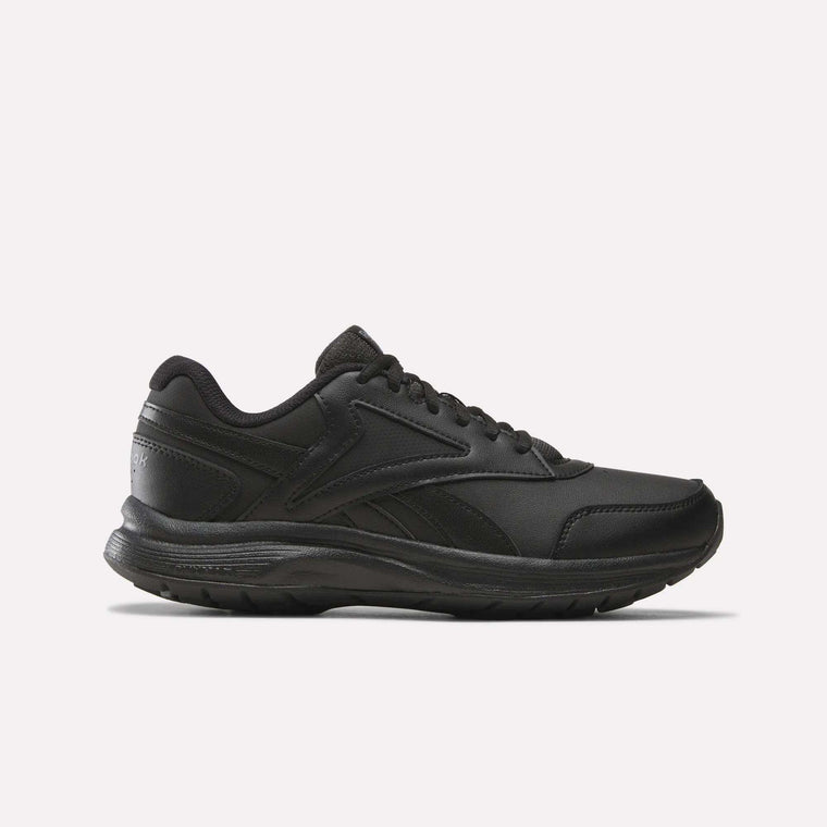 The Reebok Women’s Walk Ultra 7 DMX Max Shoes, shown in a side profile against a plain white background, feature a black, Cold Grey 5, and Collegiate Royal colorway. Designed with a low-top silhouette, lace-up closure, and textured sole for all-day comfort, these athletic sneakers effortlessly combine style with function—making them an ideal choice for those seeking cushioned walking shoes.