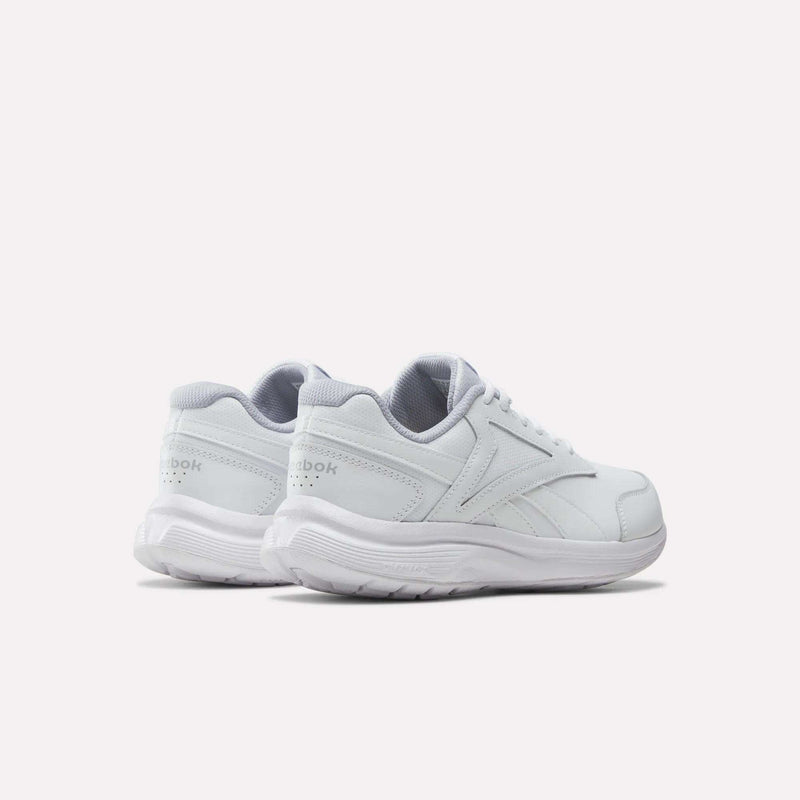 A pair of Reebok Women’s Walk Ultra 7 DMX Max Shoes - Wide D in white, featuring laces, displayed from the back and side against a plain white background—these wide-fit walking shoes are designed for all-day comfort and deliver both versatility and style.