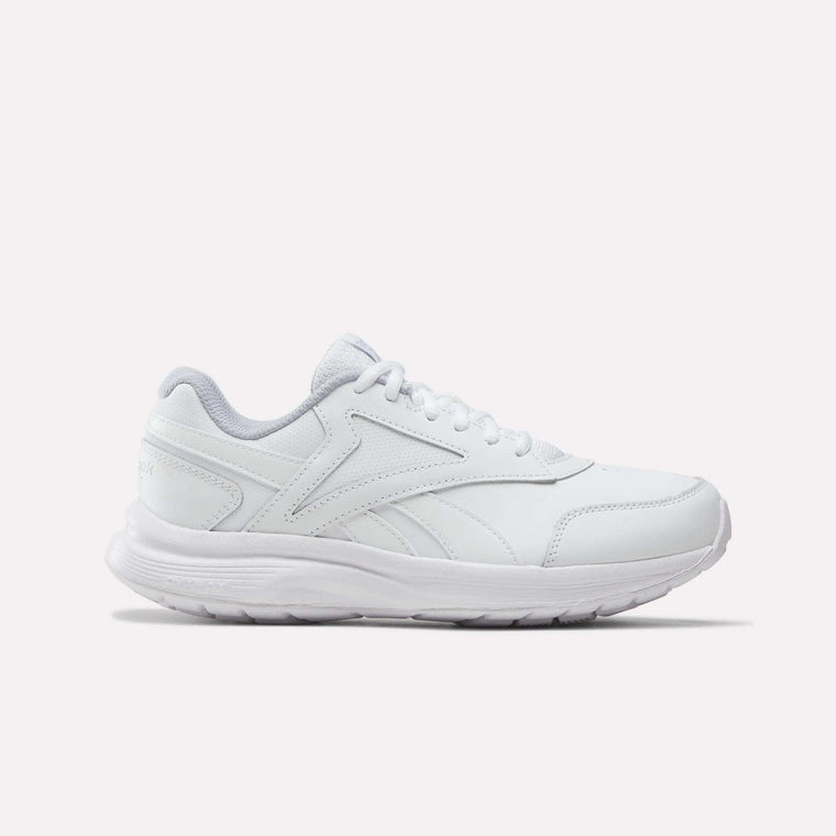 Introducing the Reebok Women’s Walk Ultra 7 DMX Max Shoes - Wide D in White/Cold Grey 2/Collegiate Royal—a wide-fit walking sneaker featuring a classic lace-up design, gray interior lining, and a durable textured rubber sole. Displayed in a side profile against a plain white background, these shoes are engineered by Reebok for all-day comfort.