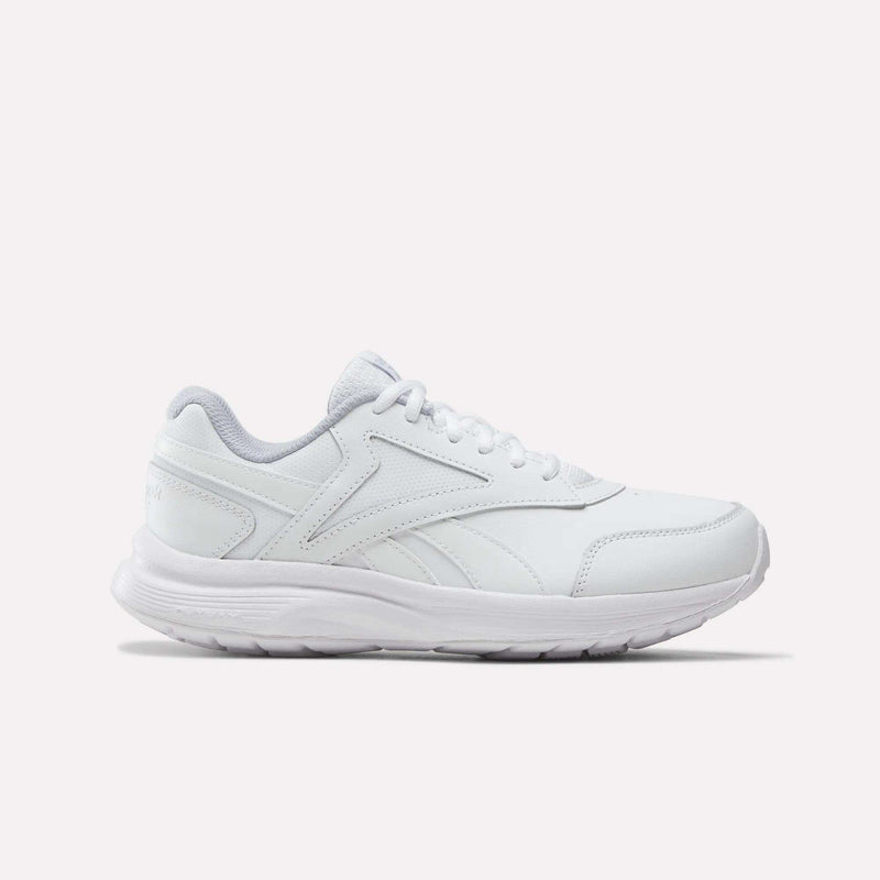 Introducing the Reebok Women’s Walk Ultra 7 DMX Max Shoes - Wide D in White/Cold Grey 2/Collegiate Royal—a wide-fit walking sneaker featuring a classic lace-up design, gray interior lining, and a durable textured rubber sole. Displayed in a side profile against a plain white background, these shoes are engineered by Reebok for all-day comfort.