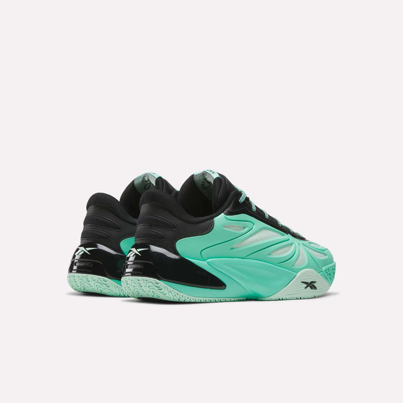 A pair of Reebok Angel Reese 1 Basketball Shoes, featuring black uppers with mint green accents, shiny black heels, and mint green outsoles—engineered with performance features like the Reebok Energy Return System—displayed elegantly on a white background.