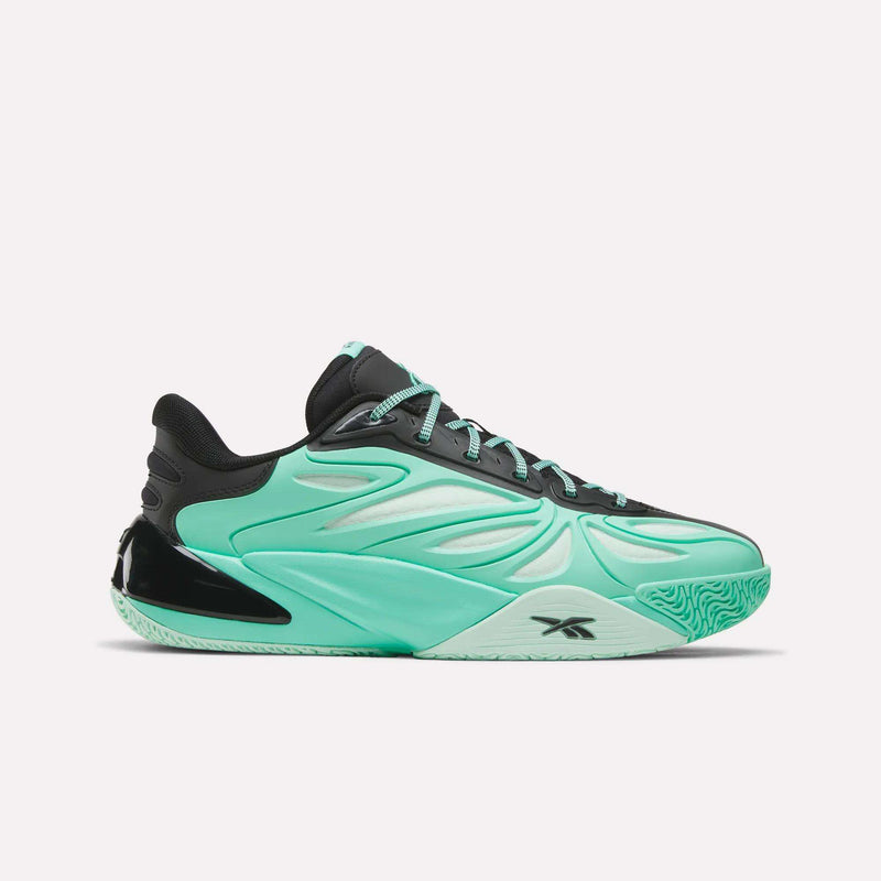 Introducing the Angel Reese 1 Basketball Shoes by Reebok in Atomic Aqua/Atomic Aqua/Black—a performance-driven athletic sneaker showcasing a sleek, futuristic design with a textured sole and signature Reebok logo on the side. Featuring the innovative Reebok Energy Return System for enhanced comfort and agility, these shoes are perfect for basketball players seeking both style and performance, shown against a plain white background.