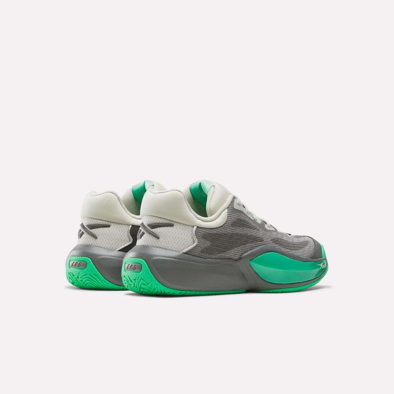 A pair of Reebok Engine A 26 Basketball Shoes in gray and white with vibrant green soles and accents, featuring an engineered mesh upper for breathability and support, shown from the back and side on a white background.