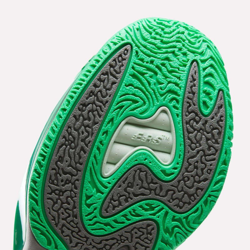 Close-up of the Reebok Engine A 26 Basketball Shoes sole featuring a textured green and gray pattern with wavy lines and the word AIRS™ embossed in the center, complemented by an engineered mesh upper for added breathability.